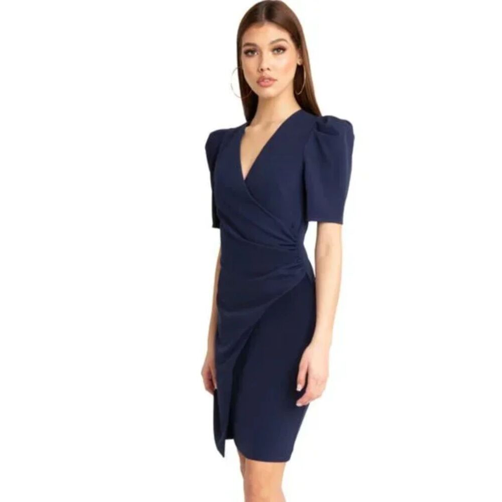 Black Halo Lauren Berman Bali Dress Navy Blue Cocktail Size 10 Sheath Faux Wrap